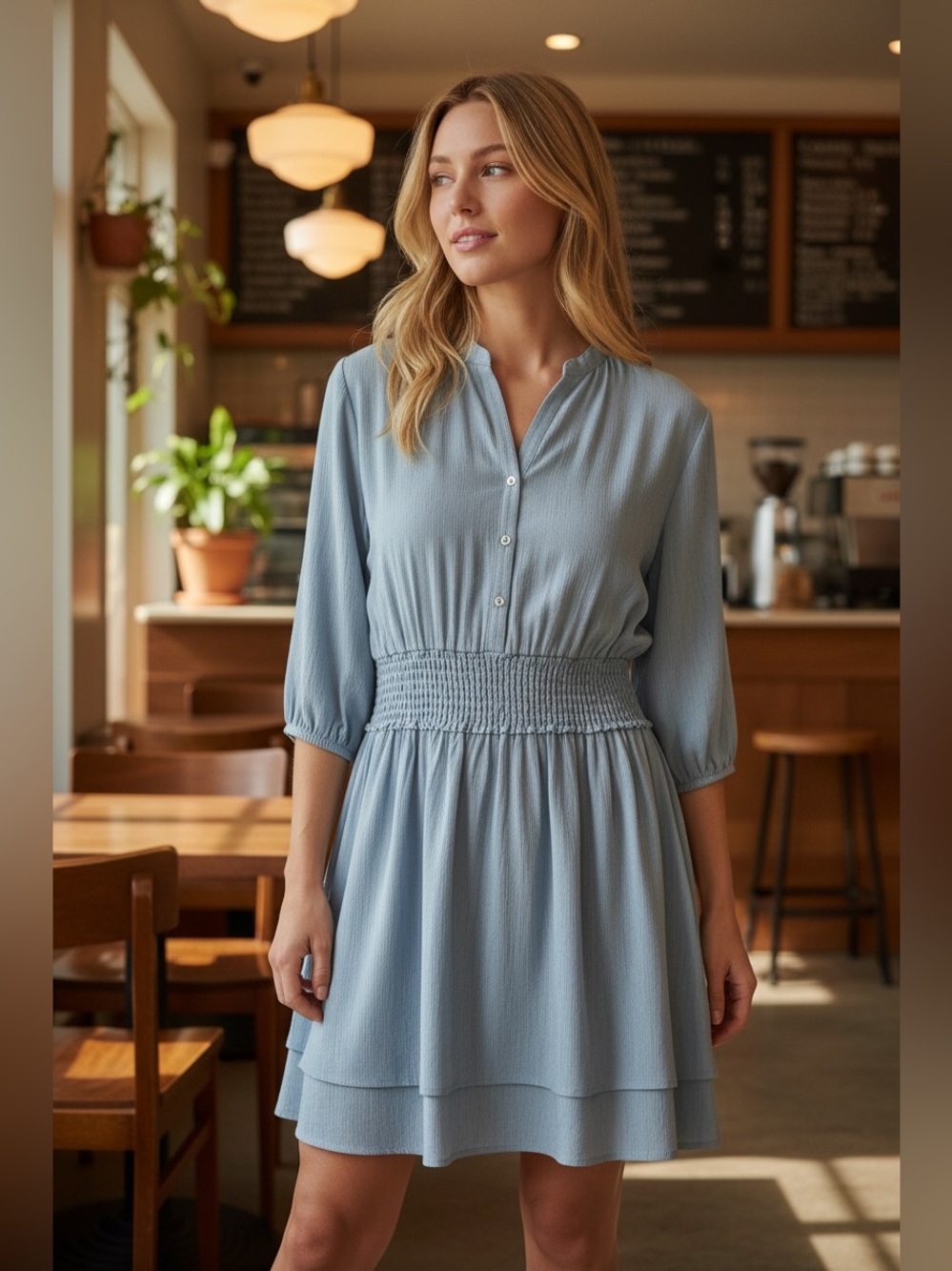 knot sisters Light Blue Smocked Waist Tiered Dress